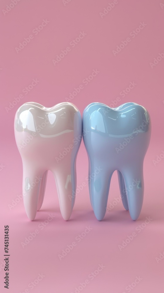 Two tooth placed next to each other on a bright pink background. Two tooth placed next to each other on a bright pink background.