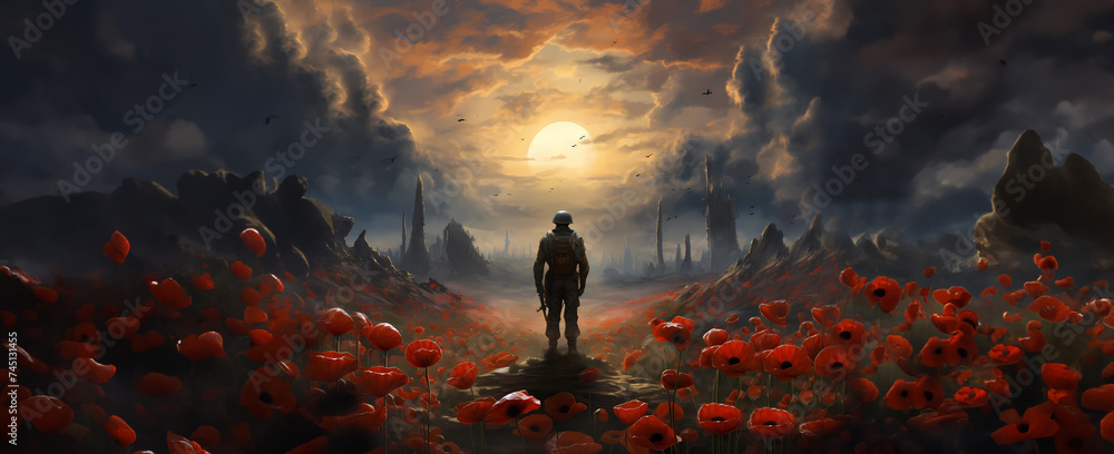 Remembrance day, soldier and poppies, digital art, printable illustration - obrazy, fototapety, plakaty 