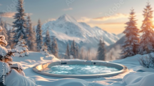 A hot tub set amidst snow-covered trees in a mountain ski resort.