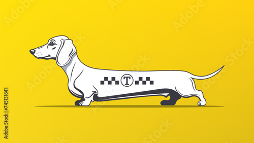 Vector funny cartoon black and white cartoon very long dachshund breed dog with taxi symbols on its side. Friendly house pet. Bright yellow background.