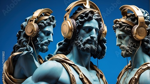 Greek god statue wearing headphones listening to music, blue background