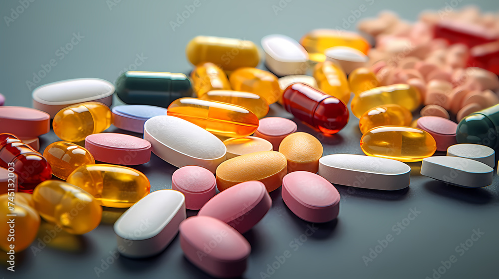 Health essentials, close-up of pills and capsules Health essentials, close-up of pills and capsules