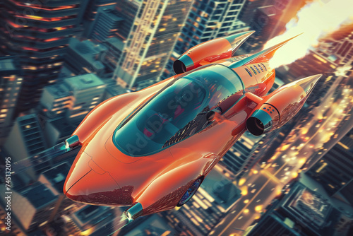 A car with rocket engines blazing soaring above a cityscape a vision of future transportation