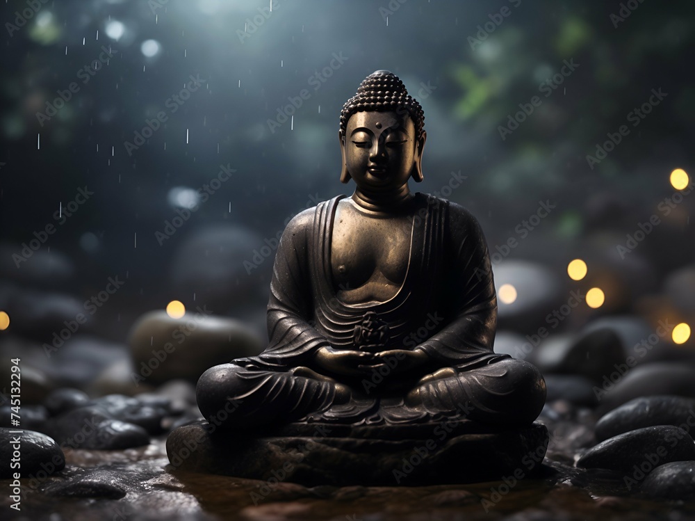 Rustic Meditating Buddha Statue in Rains