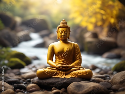 Yellow Meditating Buddha Statue near a River