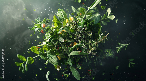 Photography of a bursting bouquet of herbs with leaves scattering studio light
