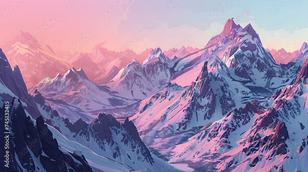A panoramic vista from a mountaintop, where majestic peaks stretch into the distance beneath a pastel-colored sky, while a gentle breeze rustles through fields of wild lavender below - obrazy, fototapety, plakaty 