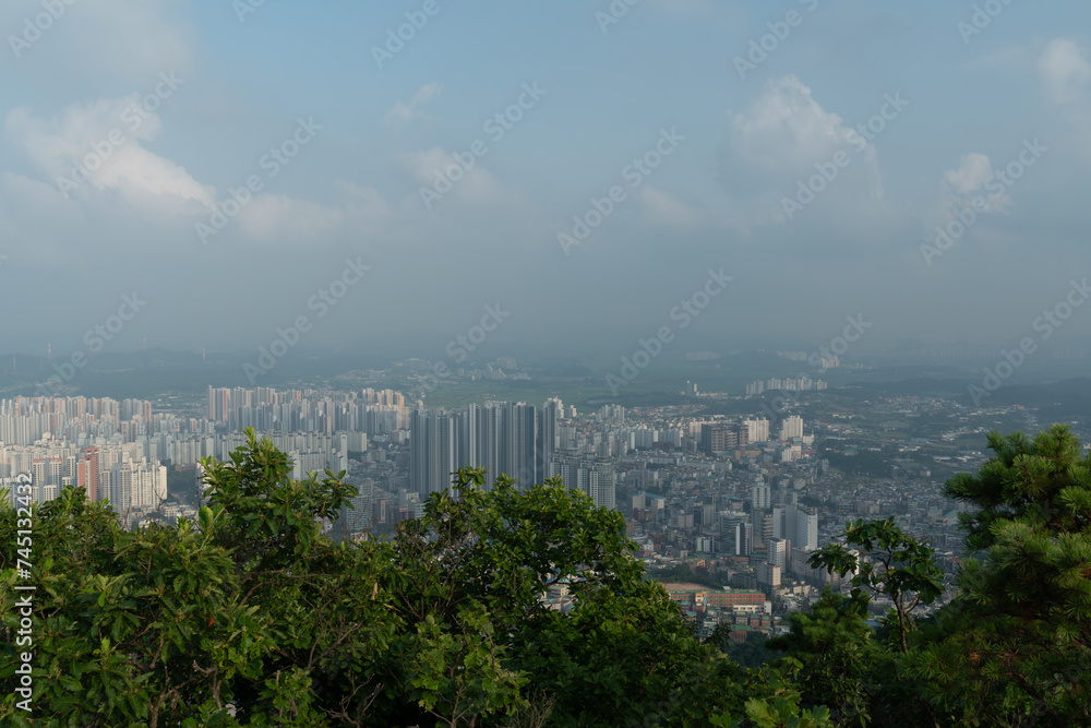 cityscape aerial view skyscrapers dense housing trees in foreground cloudy sky hazy atmosphere urban environment residential area green contrast nature and urban mix high vantage point metropolitan 8k