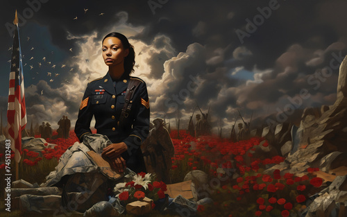 Remembrance day, soldier and poppies, digital art, printable illustration