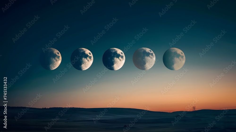 Phases of the Moon Sequence Over a Twilight Landscape