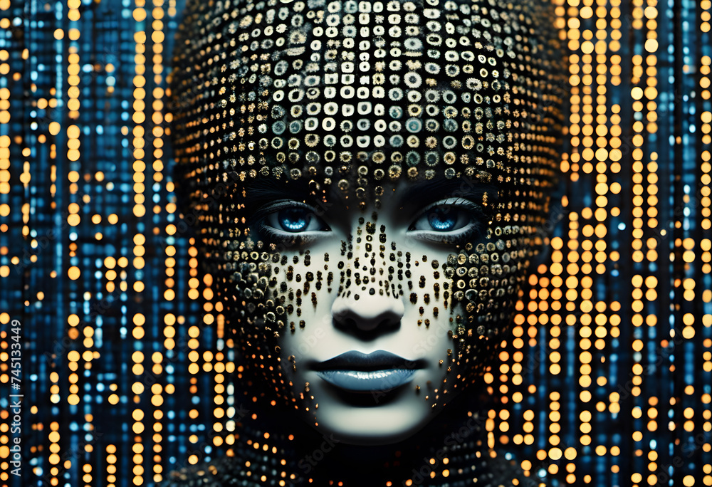 Futuristic female android with digital code background, concept of artificial intelligence. Futuristic female android with digital code background, concept of artificial intelligence.