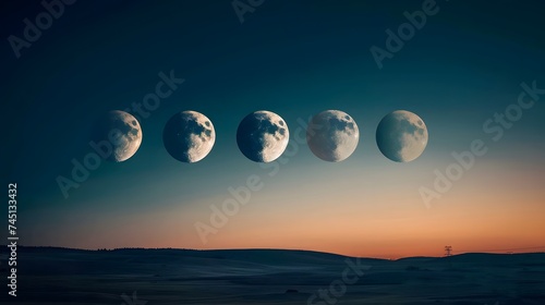 Phases of the Moon Sequence Over a Twilight Landscape