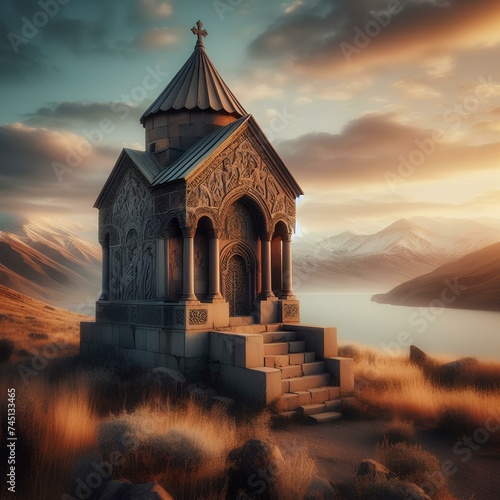  Armenian architectural shrines - ancient khachkars near the Artsvatrich chapel on the shore of Lake Sevan photo