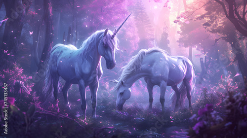 Enchanted Forest with Two Unicorns in Mystical Purple Light