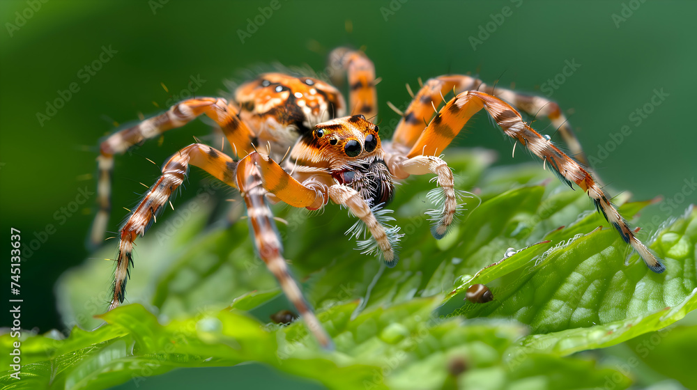 The intricate dance of a Garden tiger spider as it delicately traverses the intricate patterns of its silk domain, captured in stunning clarity against a backdrop of emerald green foliage The intricate dance of a Garden tiger spider as it delicately traverses the intricate patterns of its silk domain, captured in stunning clarity against a backdrop of emerald green foliage