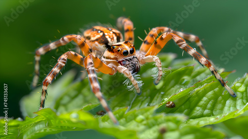 The intricate dance of a Garden tiger spider as it delicately traverses the intricate patterns of its silk domain, captured in stunning clarity against a backdrop of emerald green foliage