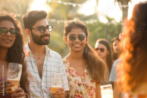 young Indian people in a party with glasses in hand, summer vibe outdoor festive gathering