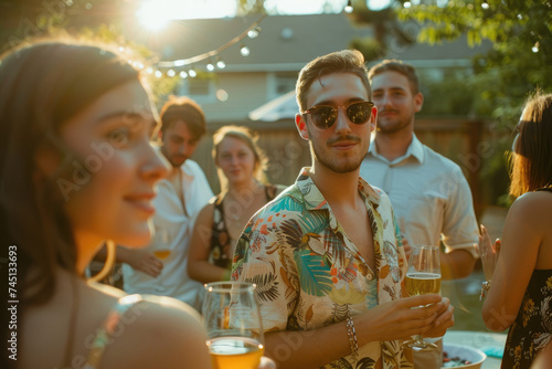 young people in a party with glasses in hand, summer vibe outdoor festive gathering © Kien