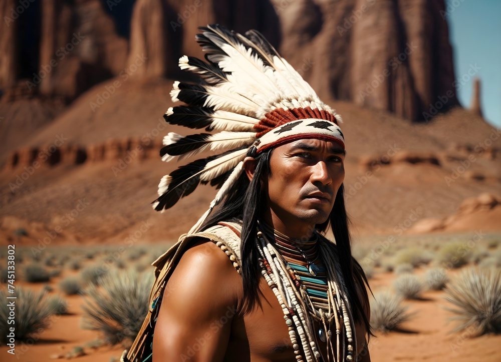 Portrait of a native american navajo warrior in a new mexico desert landscape - obrazy, fototapety, plakaty 