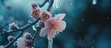 A tree branch with delicate pink flowers contrasts against the white snow, creating a beautiful winter scene. Icicles hang from the tiny pear blossom, highlighting the resilience of nature in the cold