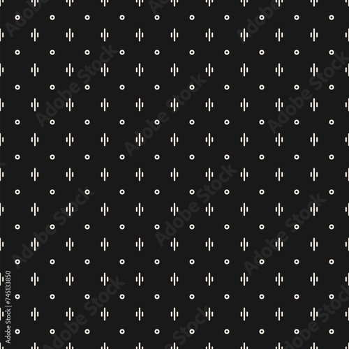 Vector minimalist background. Stylish modern geometric seamless pattern with tiny geo shapes, small lines, circles. Subtle abstract black and white texture. Simple funky minimal dark repeated design