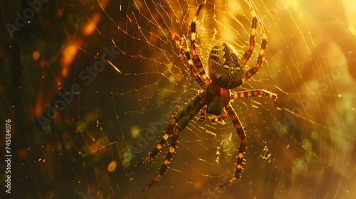 The mesmerizing sight of a Garden tiger spider suspended mid-air on its intricate web, its vibrant markings contrasting against the ethereal glow of dawn's first light