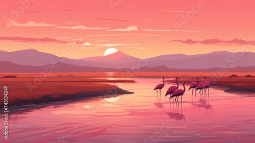 Illustration of pink flamingos wandering by the lake in the rays of a pink sunset