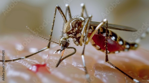 A tiger mosquito sits on a person's skin and bites him, blood is visible,  concept Mosquito-borne disease, Medicines against bites., Allergy,  © Natalya