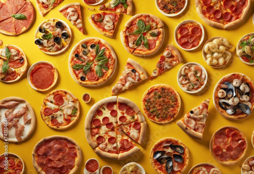 Selection of Assorted pieces pizza on yellow background Pepperoni Vegetarian and Seafood Pizza