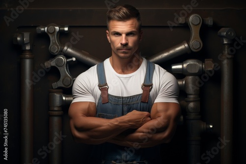 Radiant with expertise, a smiling plumber confidently showcases his tools, ready to tackle any plumbing task with skill and charm. Generative AI.
