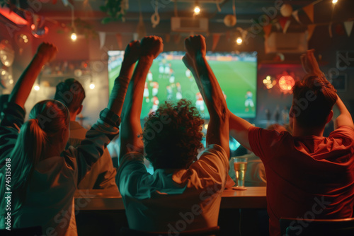 Fototapeta Naklejka Na Ścianę i Meble -  Group of Football Fans Watching a Live Match Broadcast in a Sports Pub on TV, support their favorite team