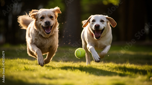 two dogs playing catch with a ball in the garden. golden retriever playing with ball © c_ART_oons