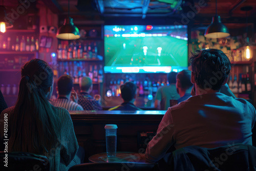 Group of Football Fans Watching a Live Match Broadcast in a Sports Pub on TV, support their favorite team