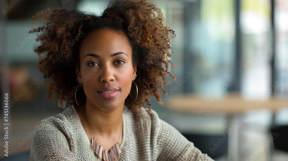 Portrait of a Confident Young Woman with Curly Hair and Earrings at a Casual Office Setting Portrait of a Confident Young Woman with Curly Hair and Earrings at a Casual Office Setting