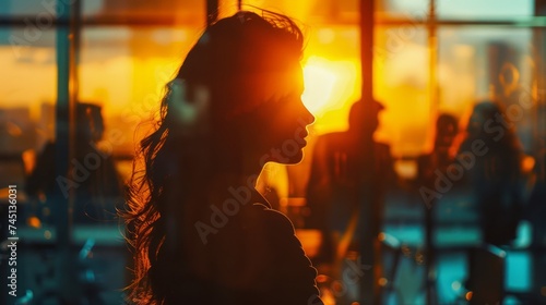 Silhouette of a Young Woman Contemplating Sunset Through Office Window, Golden Hour Urban Contemplation © pisan