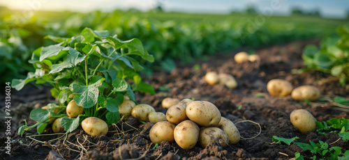 Grown harvested potatoes in the field. Growing and harvesting vegetables. Gardening and agriculture concept.