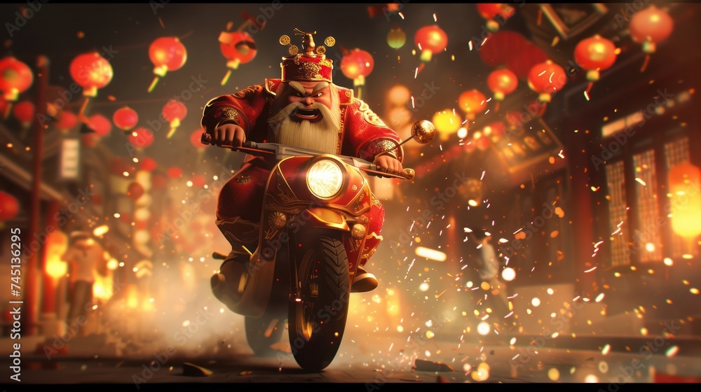 Chinese God of Wealth on Motorcycle during Chinese New Year