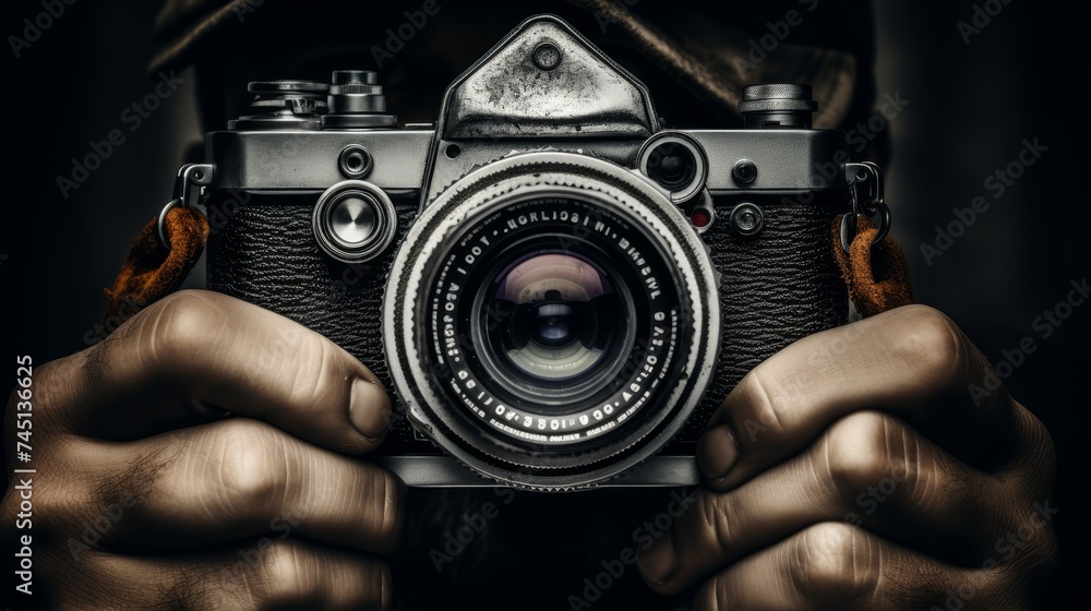 Retro vintage film camera photographer concept image for sale on stock photography platform