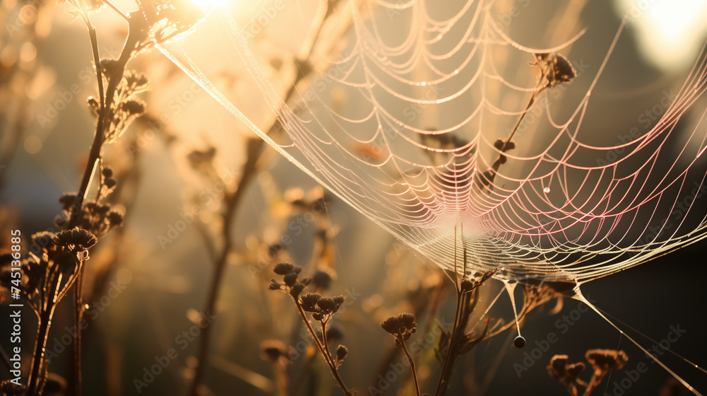 spider web between faded flower stems backlit early morning light - obrazy, fototapety, plakaty 