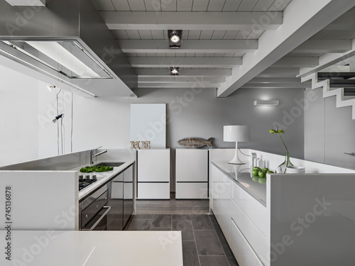 A close-up of the white  kitchen island with a wooden ceiling. (ID: 745136878)