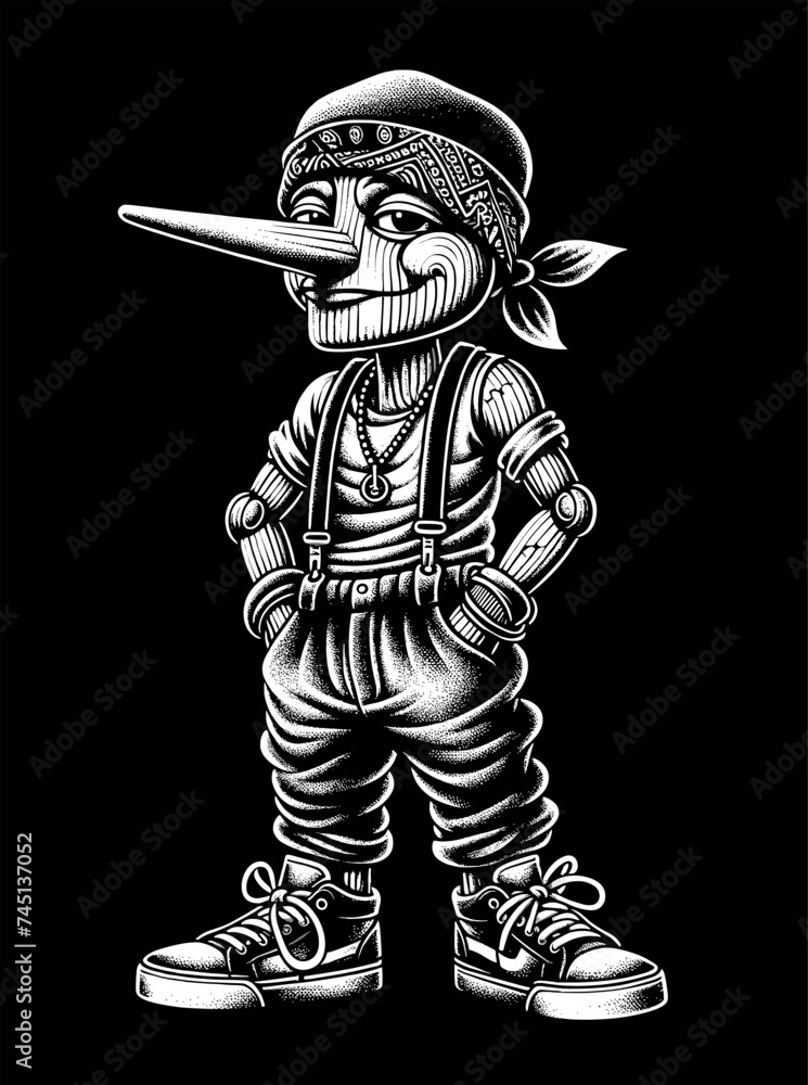 Obraz premium Enigmatic Wooden Puppet Character in Bandana and Sneakers, Dotwork Vector Art