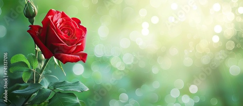 A blooming red rose stands out against the vibrant green leaves of a healthy plant. The white light casting a soft glow highlights the beauty of the contrasting colors.