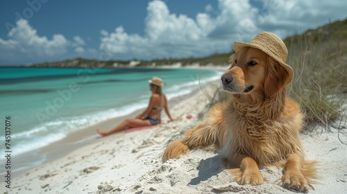 Na obrazie widać psa, który siedzi na plaży obok kobiety, oboje w czapkach słomianych na lato #745137076