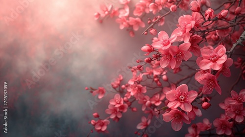 Zdjęcie ukazuje bliskie plany różowych kwiatów rosnących na drzewie.