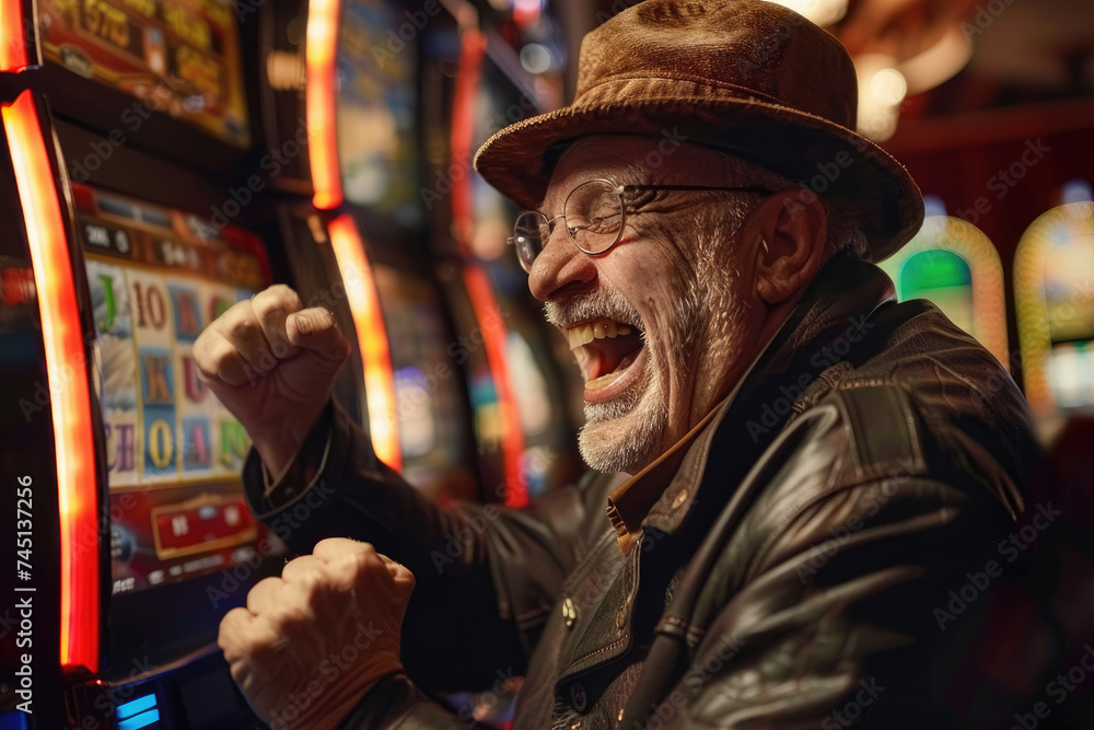 a happy gambler win money in casino playing at slot machines