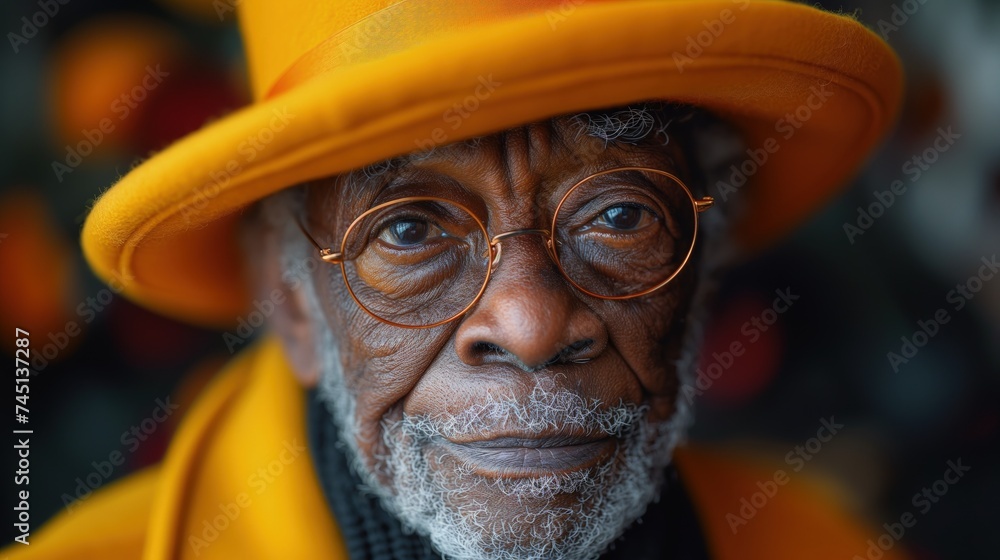 Starszy czarny mężczyzna noszący żółtą czapkę i okulary oraz siwą bródkę zadbaną - obrazy, fototapety, plakaty 