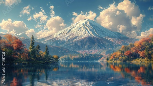 Na obrazie przedstawiona jest góra z jeziorem znajdującym się przed nią.