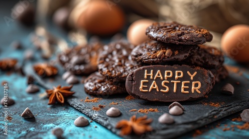 Na zdjęciu widać czekoladowe ciasteczka, na których jest napisane Wesołych Świąt Wielkanocnych. photo