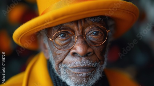 Starszy czarny mężczyzna noszący żółtą czapkę i okulary oraz siwą bródkę zadbaną