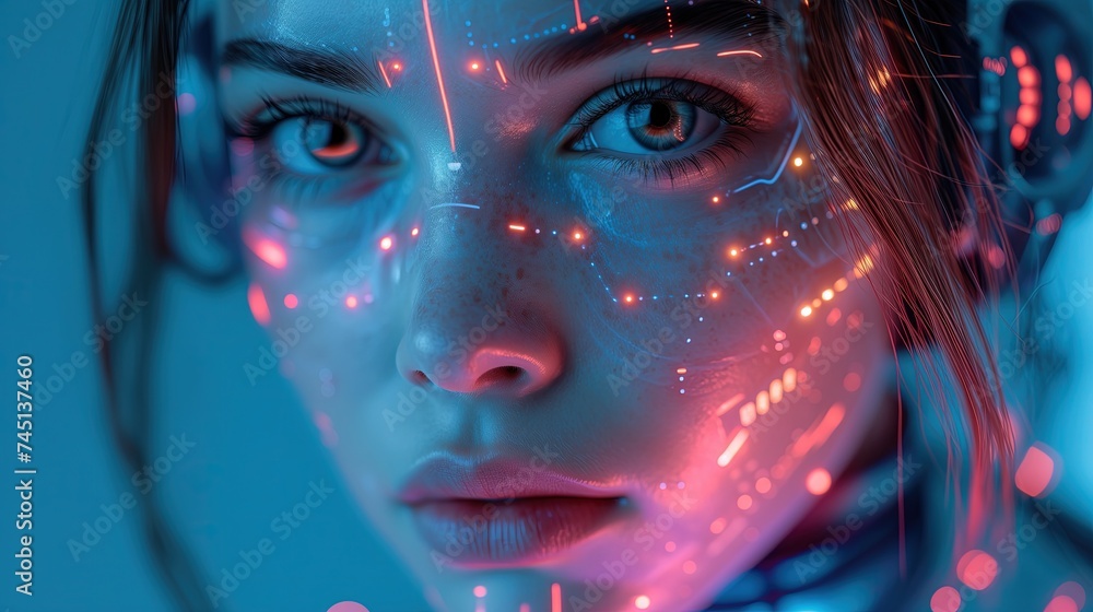 Na zdjęciu ukazuje się twarz kobiety otoczona świetlistymi punktami z cyberpunkowego świata przyszłości - obrazy, fototapety, plakaty 